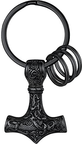 FaithHeart Nordischer Wikinger-Hammer-Schlüsselanhänger für Herren, Edelstahl, Mjolnir, Schlüsselanhänger, Amulett, Schmuck, 01. Thor Hammer, schwarz, Medium