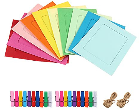 Hazrcvr Bilderrahmen Papier 20 Stück Bilderrahmen Karton 10 Farben mit Mini Holzklammern und Hanfseil Fotorahmen aus Papier Bilderrahmen zum Aufhängen Papierrahmen