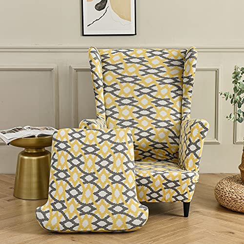 Highdi 2 Teilig Ohrensessel Überzug, Sessel-Überwürfe Ohrensessel Schonbezüge Bezug Sesselhusse Elastisch Stretch Tiger Stuhlbezug mit Armlehne Hohe Rückenlehne Universal (Gelbe Raute)