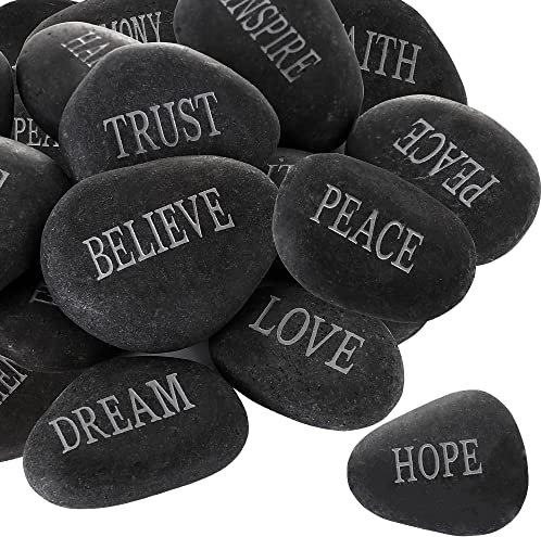 12PCS DIY Rocks for Engraved Inspirational Polished Garden Stones, Natural Encouragement Personalized Healing Decor River Stone - Unique Gift for Friends Arts Crafts (12 Different Words) (Black)