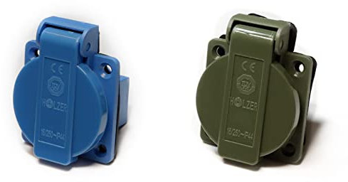 HOLZER 8 Stück/Einbausteckdose Schuko Anbau Steckdose 16A Feuchtraum / PA6 / + Flansch Dichtung (4xBlau / 4xOlivgrün)