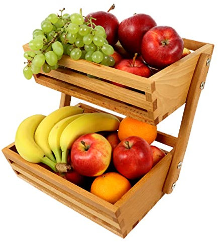 B4K® Obstkorb aus Buchenholz | Größe 24x32x29 cm | Früchtekorb | Servierkorb | Verkaufsständer | Obst Etagere 2 Etagen | in 3 verschiedenen Farben erhältlich | Perfekt für Obst und Gemüse (Natur)