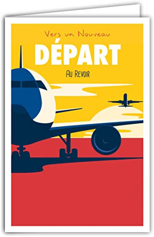 69-4342 Karte für Neuanfang auf Wiedersehen, mit Umschlag, Mini-Poster, Format 17 x 11,5 cm, gute Fortsetzung, Ruhestand, Veränderung, Leben, Reisen, Flugzeug, Sonne, Retro, Vintage, Gelb/Rot/Blau