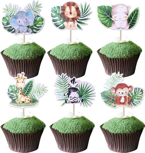 SYKYCTCY 36 Pack Woodland Cupcake Toppers Wild One Tropical Leave Animals Cupcake Picks Jungle Safari Animal Cake Decor Woodland Animal Kids Birthday Baby Shower Theme Party Supplies Decor (UKTC-256)