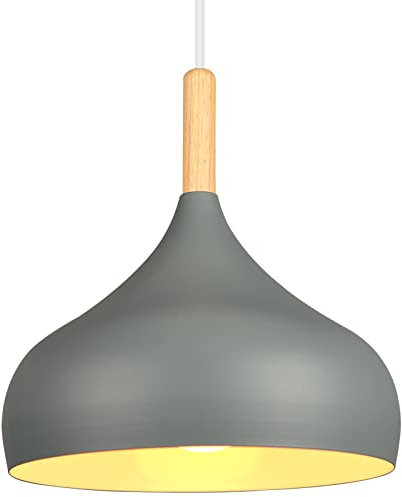 iDEGU Hängelampe Retro 24cm Hängeleuchte Moderne Skandinavisch E27 Deckenleuchte aus Metall Holz Pendelleuchte für Schlafzimmer Esszimmer Küche Wohnzimmer (Grau,1 Stück)