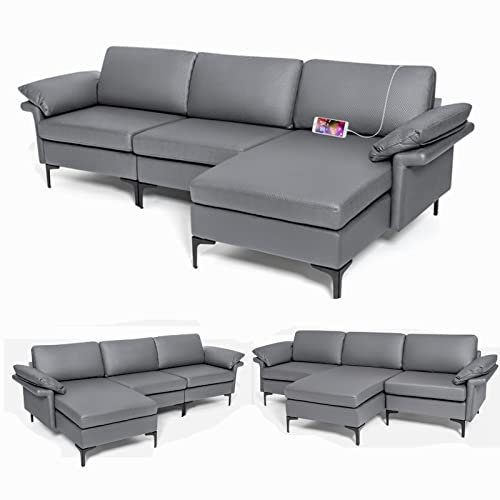 COSTWAY 2/3-Seater Sofa Bed, Leathaire Upholstered Sectional Couch with Cushions & Charging Port, Lounge Corner Sofa Bed Settee for Living Room Office (3 Seater with Reversible Chaise Lounge, Grey)
