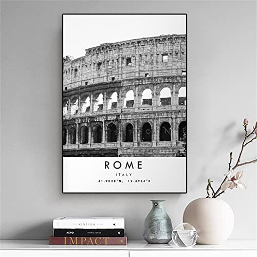 TANYANG Reisedruck Italien Rom Poster Schwarz-Weiß-Druck Einzigartige Wandkunst Koordinaten Minimalistische Bürodekoration Stadt Wahrzeichen Pict 50X70Cm Kein Rahmen
