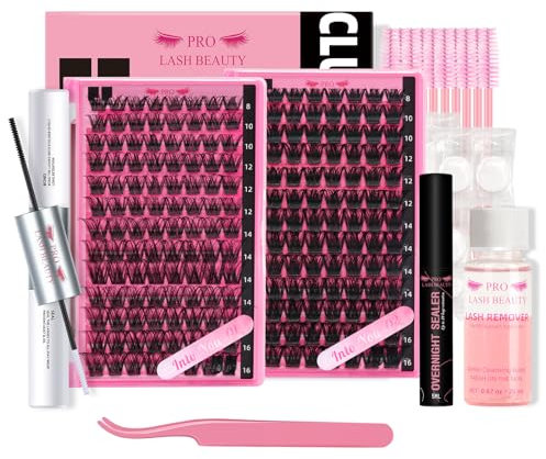 PRO DIY Lash Extension Kit Cluster Lashes Kit with 208 Pcs Lash Clusters Lash Bond Remover Eyelash Applicator Beginner DIY Lashes Kit Easy to Use (Into You-01+Into You-02 Kit)
