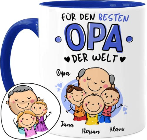 Tassenliebling® Opa Tasse personalisiert mit 1-3 Enkelkindern - Blau - Für den besten Opa der Welt - Vatertagsgeschenk oder Geburtstagsgeschenk - Geschenk Opa mit Enkelsohn Enkeltochter