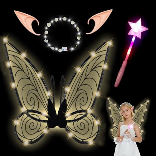 Feenflügel Set,Flügel,LED Feenflügel Leuchtende, Feenflügel Erwachsene Kinder, Schmetterlingsflügel mit LED Fee Zauberstab und LED Elfenohren Blumenkranz für Weihnachts Geburtstags Karneval Party