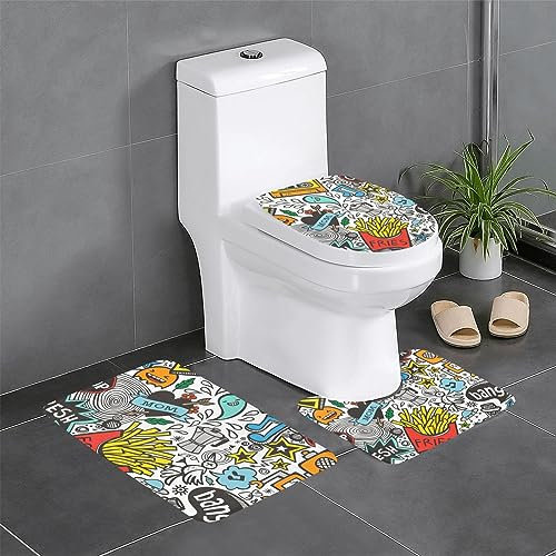 EVIUS Badematten-Set, Comic-Kunst-Teppich, 3er-Set, Badezimmer-WC-Bodenmatte, Fußmatte, Badezimmerteppich, WC-Vorleger, Stil mit dieser waschbaren Badewanne