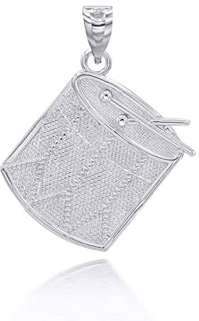 Joyara Collier Pendentif Tambour Tom Tom en Or Blanc 9 cts avec Deux Baguettes (Longueur de Chaîne Disponible 40 cm – 45 cm – 50 cm – 55 cm) 40 cm