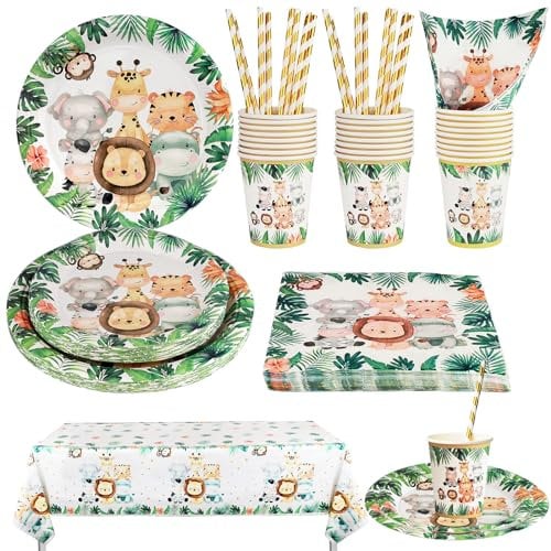 Safari Birthday Decorations for Boys 101 Pcs Jungle Theme Party Decorations Kids with Paper Plates,Cups and Napkins,Disposable Afternoon Tea Decorations Set Serves 20 Guests