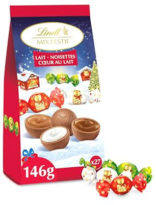 Lindt - Sachet TEDDY Mix Festif - Assortiment de Chocolats au Lait, Cœur onctueux Lait et Cœur Noisettes - Idéal pour Noël, 146g