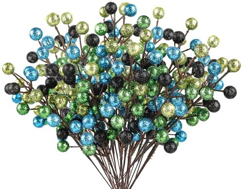 24Pack Glitter Schwarz Blau Grün Beeren Stiele, Künstliche Holly Beeren Zweige Deko Weihnachten für Christbaumschmuck Weihnachtsdeko Adventskranz Deko Weihnachtsgirlande Türkranz Weihnachten Ornamente
