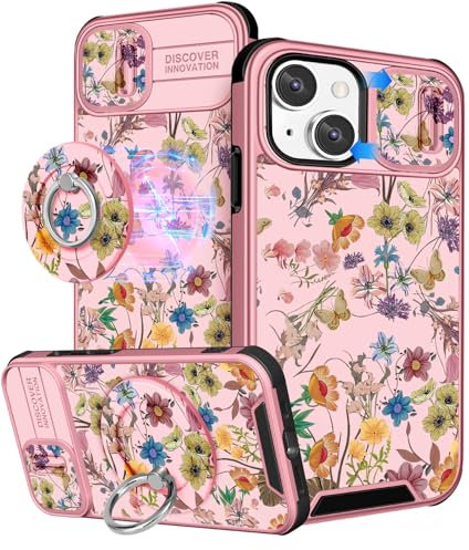 VincitoreModa for iPhone 15 Plus Case Women - [2in1] Cute Girls Butterfly Flower Compatible with MagSafe Ring Stand Girly Slide Camera Cover Unique Design for Apple for iPhone 15 Plus Phone Case 6.7