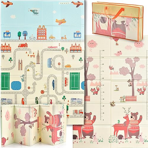 LITTLE STORY Kindermatte, Doppelseitige Schaum Matte zum Racheln lernen, Doppelseitig, XXL, Faltbar, Geruchsneutral, XPE Schaumstoff, Zwei Verschiedene Muster (kleine Straße/Wald)