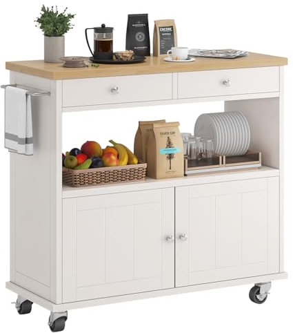 knoworld Isla de cocina rodante con armario de almacenamiento, carrito de cocina de 35.4 pulgadas de ancho, mesa de isla de 2 cajones, isla de cocina móvil portátil con toallero, parte superior de