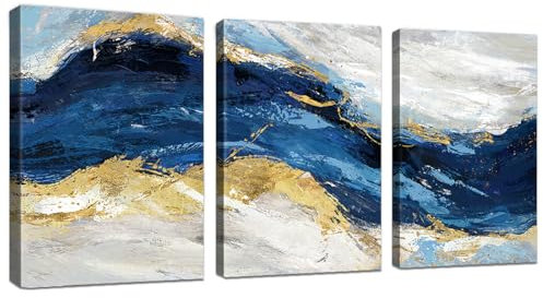 WENGTIAO 3Pcs Abstrakt Minimalistisch Leinwand Bilder Gerahmte Kunstdrucke Bild Marineblau Meereswelle Gold Grau Aesthetic Malerei auf Leinwand Wohnzimmer Schlafzimmer Fertig zum Aufhängen 30x40 cmx3