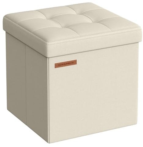 SONGMICS Storage Ottoman, Foldable Small Ottoman Foot Rest, 30 x 30 cm Foot Stool, Ottoman with Storage, Load up to 130 kg, for Living Room, Bedroom, Dorm, Cream White LSF028W51