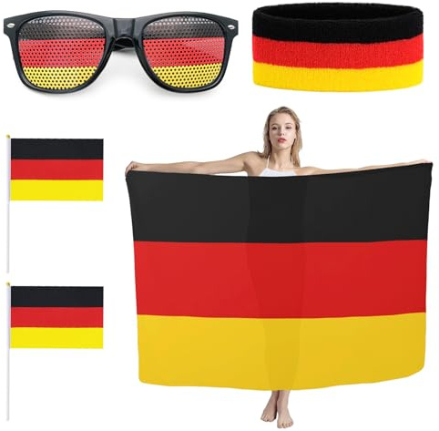 EM 2025 Fanartikel Deutschland Fahne, Deutschland Flagge 90x150cm, Deutschland Haarreifen Haarreif, Lustige Brille, Mini Handgehaltene Flaggen, 4-Teilig, für Fußballpartys Europameisterschaft Deko