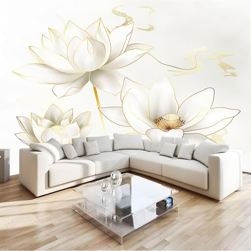 Murale Camera da Letto Soggiorno Ufficio Divano per da Cameretta 400 x 280 cm Beige,Piante E Fiori 3D Di Loto Adesivi Murali Adesivi Decorazione, Removibili Decorazione