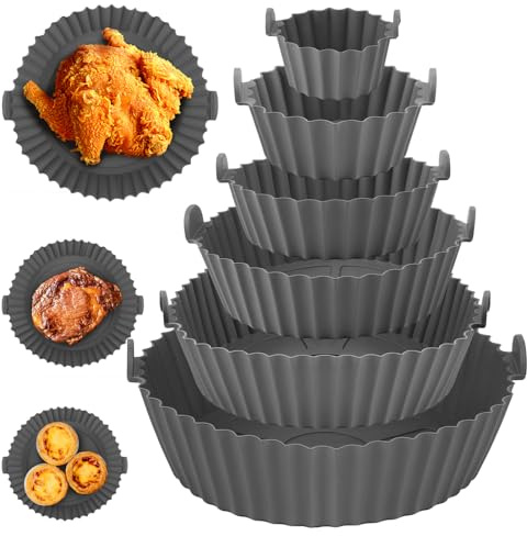JSMTKJ 6 Piezas Molde Silicona Freidora de Aire | Bandeja Silicona Air Fryer Reutilizable Redondo para Air Fryer, Microondas, Horno (Gris)