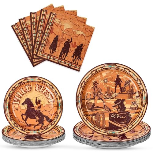 WERNNSAI Wild West Party Decorations - 48 PCS Cowboy Plates and Napkins Western Birthday Party Supplies for Boys Kids Men Rodeo Party Tableware Set Serves 16 Guests