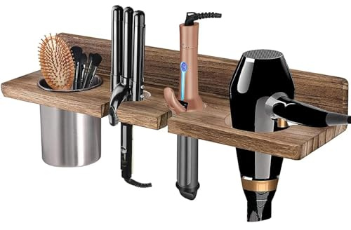 Homeily Fönhalter Ohne Bohren aus Holz, Wandregal für Haartrockner, Braun | Lockenstab, Glätteisen, mit Metallbehälter für Bürsten & Make-up, Friseurzubehör Halter für Bad Barbershop Hotel