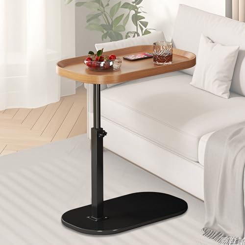 Beistelltisch C Form Höhenverstellbar 30x45cm, Holz Klein Couchtisch Sofatisch mit 360° Drehbar, Ovaler Couch Sofa Bett Beistelltisch mit erhöhtem Rand, Side Table Laptoptisch für Wohnzimmer (Wood)