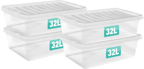 4 x 32 Litres Underbed Storage Boxes With Lids Set of 4, Clear Multipurpose Nestable Stackable Plastic Storage Box With Lid Clear Containers For Home, Kitchen, Garage, Office, Accessories