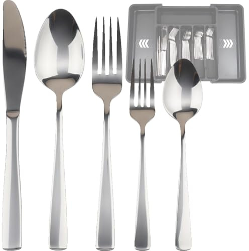 Set couverts de table 6 personnes (30 pièces) avec range couverts pour tiroir. set de couvert de table inox pour cuisine. Lot couvert de table avec rangement tiroir cuisine extensible (60 pièces)