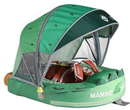 Mambobaby Flotteur de piscine sans pli pour bébé avec auvent et queue non gonflable pour nourrissons, mousse perlée, UPF 50+ et harnais de sécurité réglable à cinq sens, doux pour la peau pour garçons