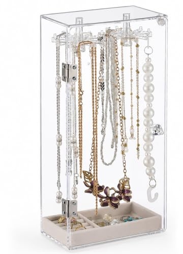 YAGOKKI Clear Acrylic Jewelry Stand, 360° Rotating Hooks Dustproof Organizer with Velvet Tray for Small Rings, Necklace Ring Bracelet Display Holder, 12.6 x 6.1 x 3.3 in