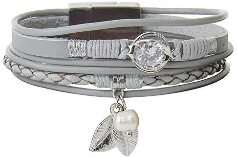 Cheerlife Vintage Damen Leder Wickelarmband mit Strass, Perle, Blätter, Flechtelement, Magnetverschluss Armband Geschenk Armschmuck (Grau)