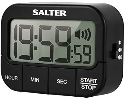 Salter 355 BKXCDU Digital Kitchen Timer - LCD Display, Loud Clock Timer, Magnetic Cooking Stopwatch, Self Standing, Count Up Or Down,19 Hours 59 Minutes and 59 Seconds, Memory Function, Large Buttons