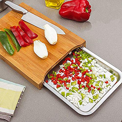Greenfields Bamboo Wooden Chopping Board Cutting Slicing with Sliding Stainless Steel Tray