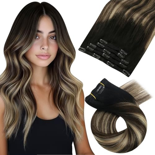 Moresoo Human Hair Extensions Clip in Balayage Black to Dark Brown with Caramel Blonde Clip in Hair Extensions Real Hair Ombre Remy Short Hair for Bob Add Volume 10 Inch 5Pcs 80g #1B/3/27