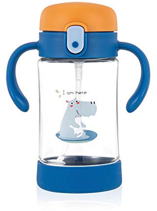 ÜneeQbaby Gobelet Enfant Active Plus avec Paille Pondérée Flexible à 360 Degrés, Anti Goutte, en Tritan – Sans BPA, Bec Souple, Ouverture par Un Bouton 300m (Archie Hippopotame Heureux Marine)