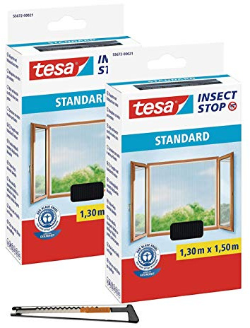 TESA Insect Stop STANDARD Fliegengitter für Fenster (1,3m:1,5m, 2 Stück/Anthrazit + Profi-Cuttermesser Metall)