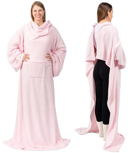 PAVILIA Coperta in pile di alta qualità con maniche per adulti, unisex, calda, accogliente, extra morbida, in micropile funzionale, leggera, indossabile (tasca normale, rosa chiaro)