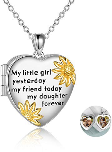 YFN Tochter Geschenk 925 Sterling Silber Sonnenblume Halskette Individueller Foto-Anhänger Herz Amulett Schmuck Geburtstag Geschenk für Tochter