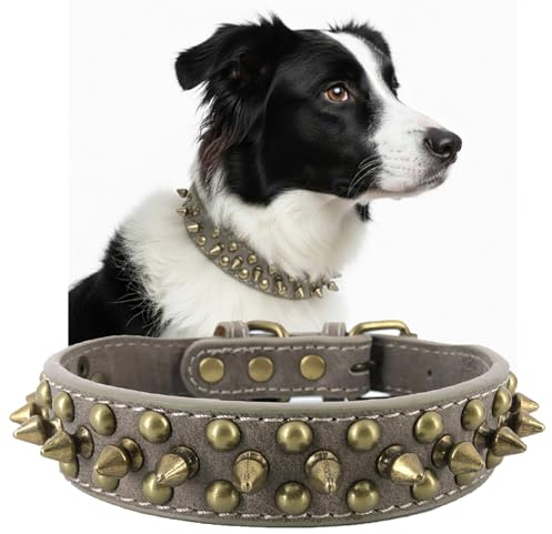Anti-Biss-Hundehalsband mit Spikes Nieten Verstellbares, stilvolles Hundehalsband aus Leder für kleine, mittlere und große Welpenhunde (Vintage grau,L)