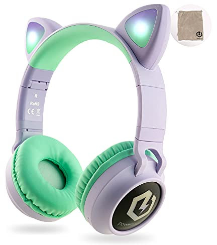 PowerLocus Auriculares Bluetooth de Diadema para niños, Cascos Bluetooth Inalámbricos, Auditiva Límite de 85DB, Sonido Estéreo, con Micrófono, Micro SD, Plegable, Estuche Cascos para Movil, Tablet,PC