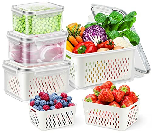 TBMax Fruit Storage Container for Fridge, 4 Pack Fresh Vegetable Container with Colander, Multifunctional Plastic Fridge Organizer Sets, Stackable Refrigerator Boxes for Kitchen