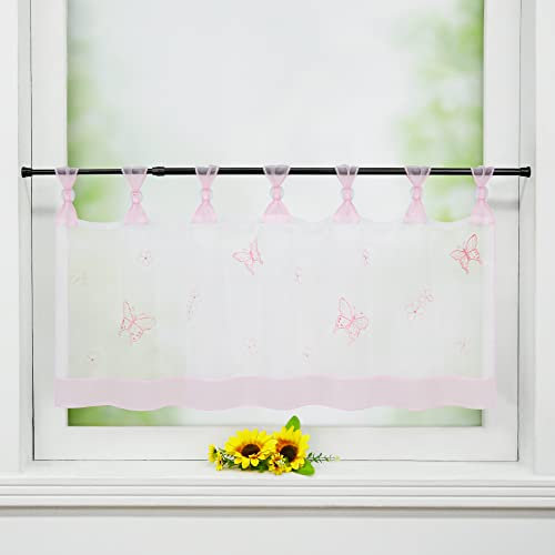 Delien Scheibengardine Voile Bistrogardinen mit Schlaufen Küchen Kurzstore Stickerei »Schmetterling« Transparente Durchstangenzug Stores Gardine Kurzvorhang BxH 90x30cm,Rosa