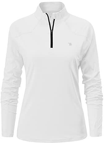 YSENTO Women's Long Sleeve Running Sports Tops Lightweight Gym Walking Zip Up Golf Polo T-Shirt(White,L)