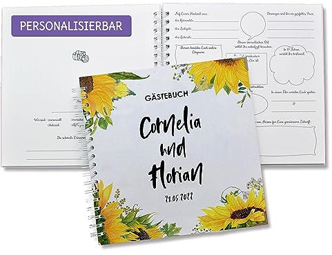 FEENSTAUB Gästebuch Hochzeit mit Fragen zum Ausfüllen, Hochzeitsgästebuch personalisiert, Hochzeit Gästebuch, Sonnenblume, personalisiertes Hochzeitsbuch, Vorgedruckte Fragen für Gäste, Hochzeitsalbum