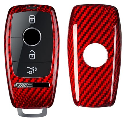 M.JVisun Genuine Carbon Fiber Key Fob Cover For Mercedes-Benz AMG A220 CLS Class E-Class E63S GLE 350 4Matic S-Class Smart Car Remote Key Fob Case For Men Women - For AffalterBach Badge Logo - Red