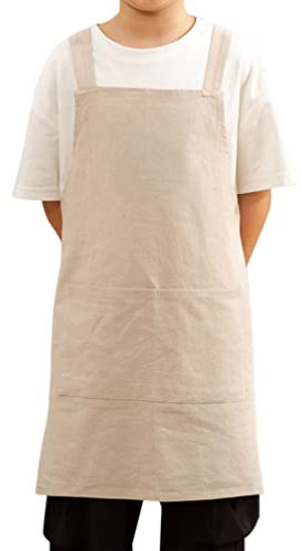 Delantales de algodón con espalda cruzada para niños, delantal con 2 bolsillos para hornear, pintar y cocinar, Beige, talla única